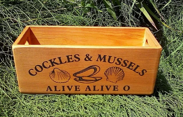 COCKLES & MUSSELS rustic wooden storage box with cut out handles . Lovely gift.