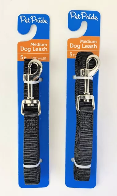 Medium Dog Leash 5 ft. Black Nylon 5/8 inch width (2 pack)