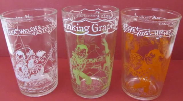 Vintage 1953 Howdy Doody Lot of 3 Welch's Jelly Juice Glasses Embossed Bottom