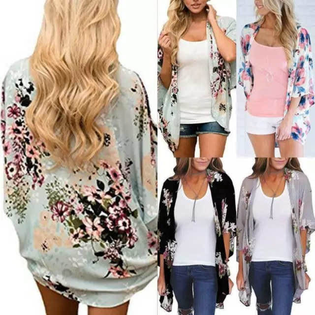 Womens Boho Jacket Floral Kimono Cardigan Cover Up Casual Shawl Coat Blouse Tops