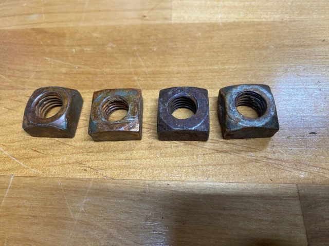 4 VINTAGE RUSTY CRUSTY SQUARE NUTS 1/2" Course 13/16" wide ANTIQUE RESTORATION