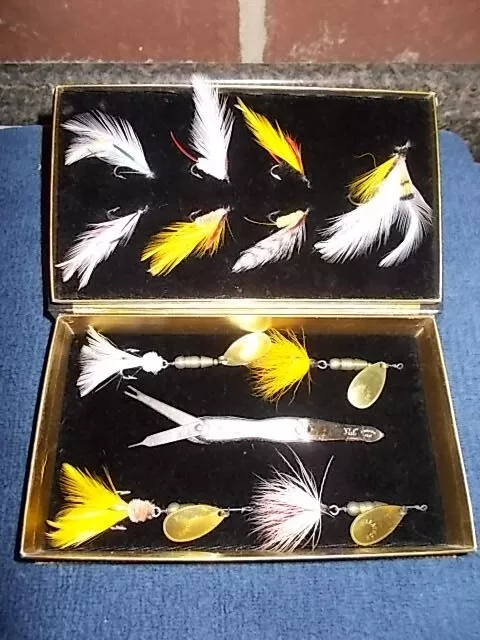 4 VINTAGE FEATHER Fly Fishing Lures And Tackle In Small Cabelas Tackle Box  $8.99 - PicClick