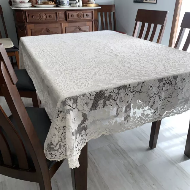 Vintage Crochet Lace Tablecloth Ivory/Beige Large 111 x 70” Cottage Core tearoom