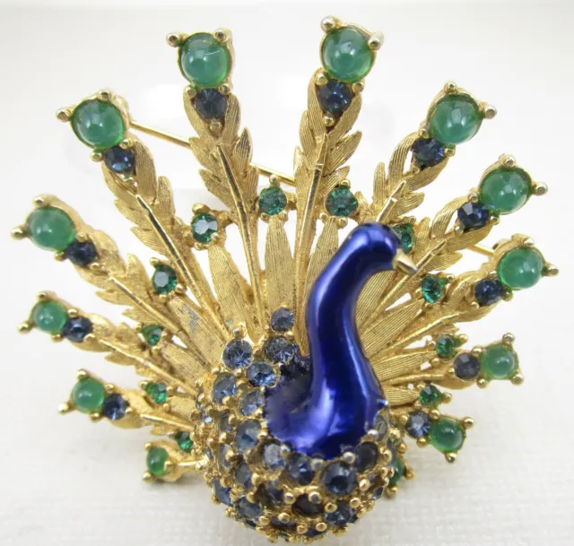 Beautiful Marcel Boucher Gold Tone Rhinestoen Enamel Peacock Bird Brooch Pin