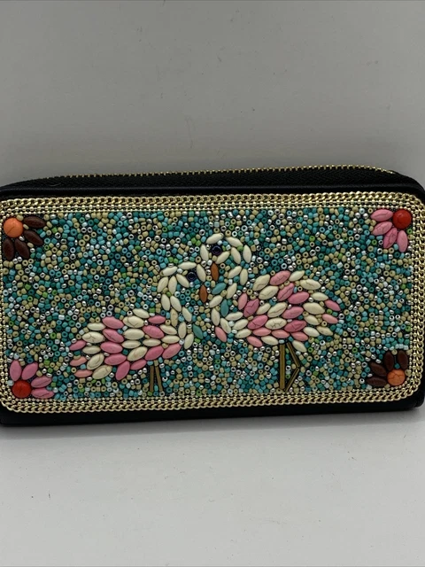 beaded wallet/clutch Flamingos Pink Blue Rust Zippered