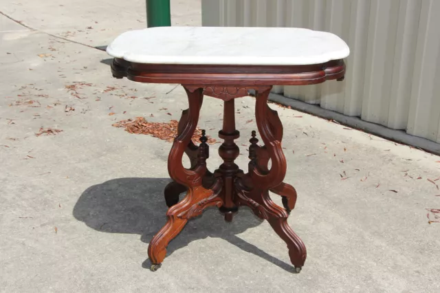 Fancy Walnut Victorian Renaissance Revival Turtle Marble Top Parlor Table Ca1870