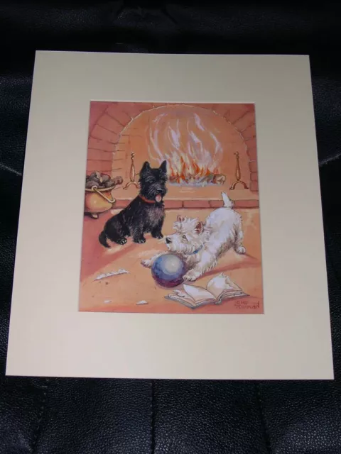 Antique Scottish Terrier & West Highland White Terrier Dog Painting 1936 Signed