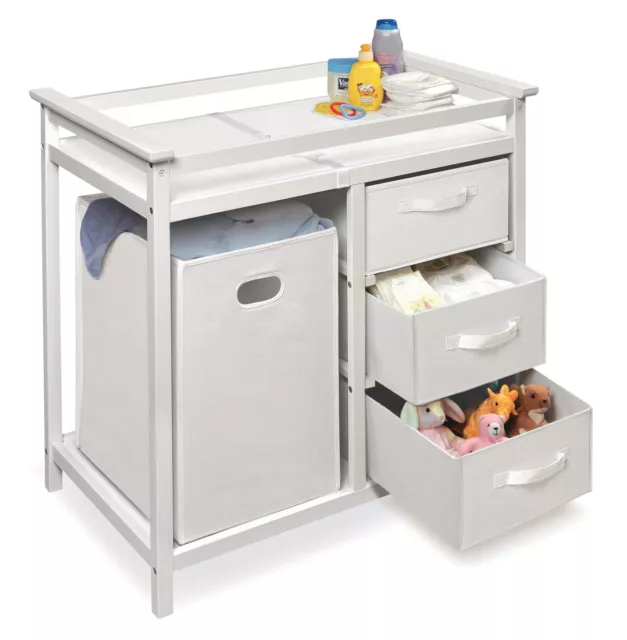 Modern Baby Changing Table with Hamper and 3 Baskets White with Pad Bedroom