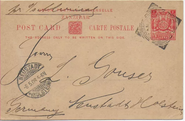Post card Zanzibar 1908 to Neustadt/Holstein
