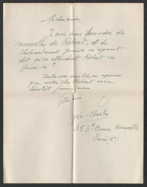 Géo-Charles. Lettre signée adressée à Youki Desnos. 1945