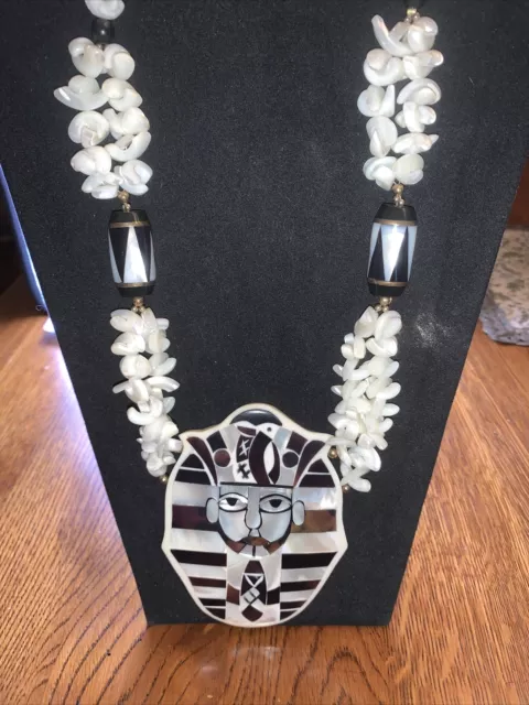 Vtg Egyptian Revival Chunky Statement Pharaoh Bone Shell Inlay Inlaid Necklace