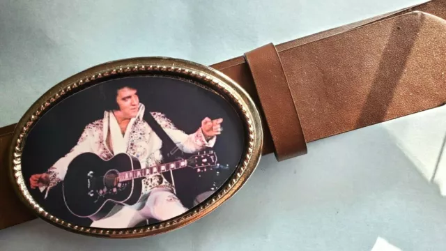 ELVIS PRESLEY "The King" Photo  Epoxy PHOTO MUSIC BELT BUCKLE &Brown Bonded Belt