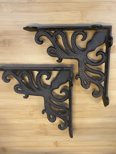 2 Cast Iron Octopus Brackets Nautical Corner Braces Shelf Corbels Ocean Rustic