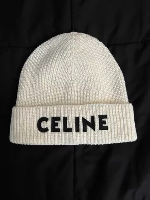 Celine Paris White Black Logo Knit Wool Embroidered Beanie