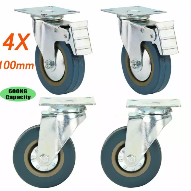 4 X Heavy Duty 100mm Rubber Swivel CastorWheels Trolley Caster Brake 600KG Cyan