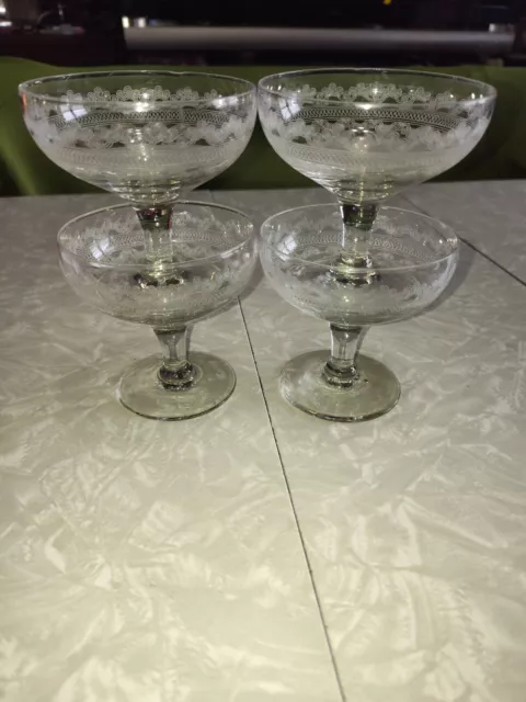 4 Vintage Etched Cocktail Martini Coupe Champagne Barware Glasses Sherbet Antiqu