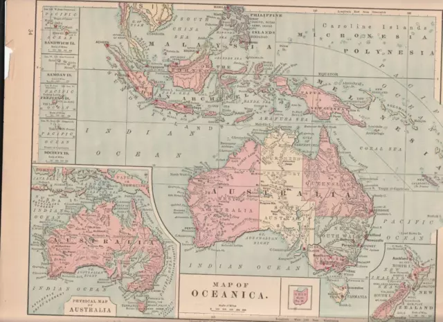 Old atlas map of Australia and Oceanica, 8.5 by 11.5