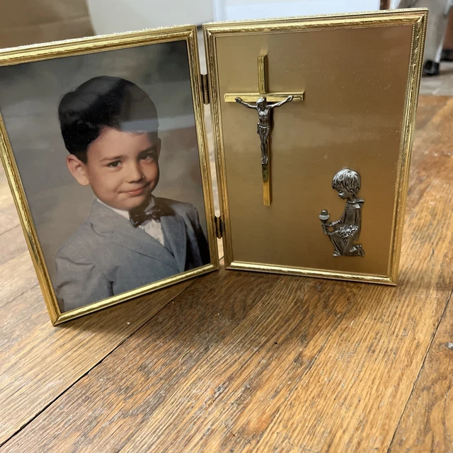 Double Set Frame Photo Picture Holder Brass Metal Vintage Hold Bi-Fold 5x7" Two