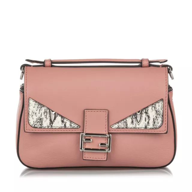 Authenticated Fendi Monster Double Micro Pink Calf Leather Crossbody Bag