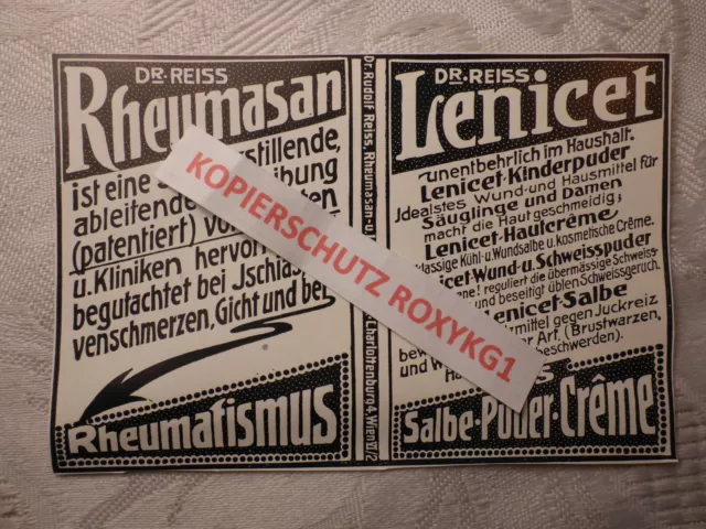 alte Werbung Reklame Anzeige Dr. Reiss Rheumasan Lenicet Rheuma von 1913
