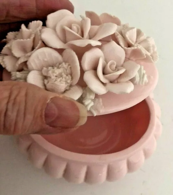 Vtg ARDALT Lenwile JAPAN Pink Porcelain ROSES Trinket Box Dish Capodimonte Old a