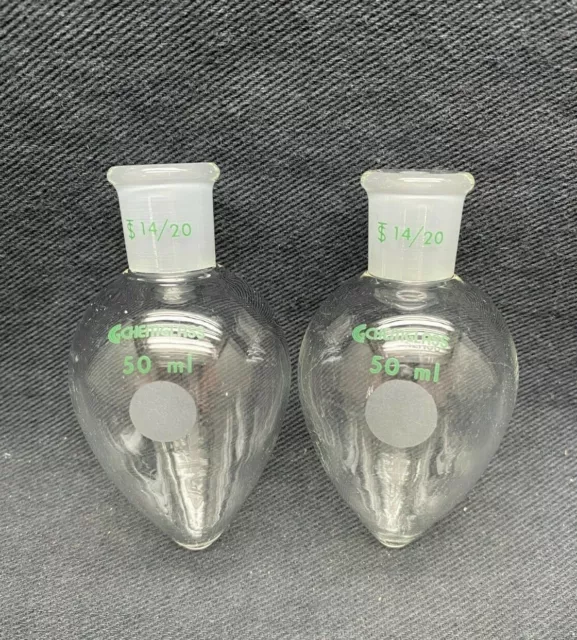 (2) CHEMGLASS 50mL Heavy Wall Glass Pear Shaped Round Bottom Flask 14/20