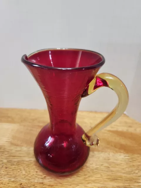 Vintage Hand Blown Amberina Crackle Glass Mini Pitcher / Vase Red/Yellow 5/1/2 "