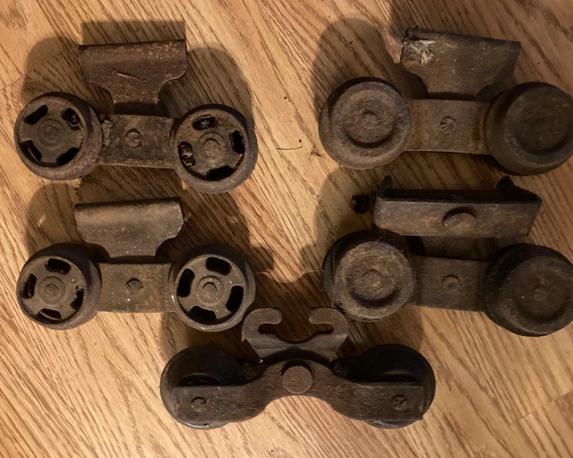Antique Vtg Barn Door Track Rollers Wheels Cast Iron Hangers-2 pair and 1 single 2