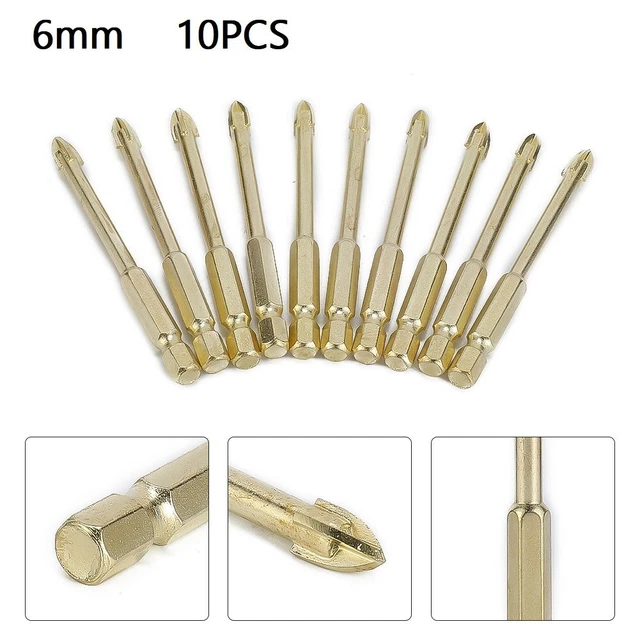 10x Hex Shank Titanium Ceramic Tile Marble Glass Drill Bit Cross Spear Head 6mm