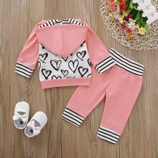 Baby girls outfit tracksuit heart pink hoodie and pants set 2