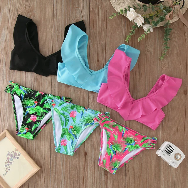 Toddler Summer Girls Leaves Fashion Printed Ruffles Two Piece Swimwear Swimsuit
