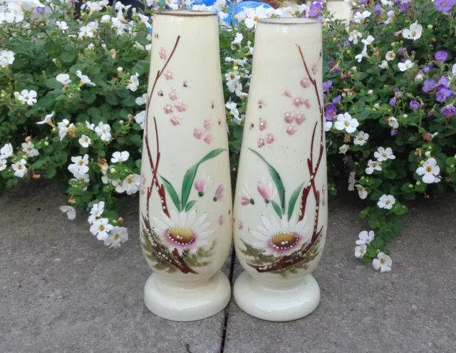 Pair of Antique Victorian hand painted Glass Vases- Daisy