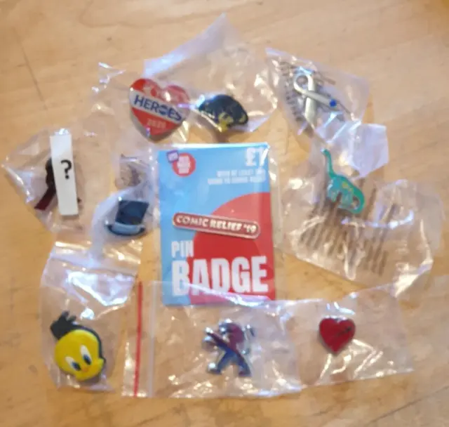 Collection of 10 pin badges Including 1 mystery badge. (C23) Job Lot.