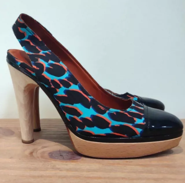 Lanvin neon blue silk leopard print wooden heel sling back pumps 39/8.5 $650