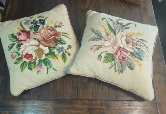 Vintage Pair Needle Point Pillow / Flowers /dusky Pink Velvet Zip 16”x16"