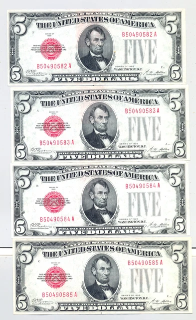 4 consecutive Series 1928 "Plain" $5 United States Notes in AU or CU condition