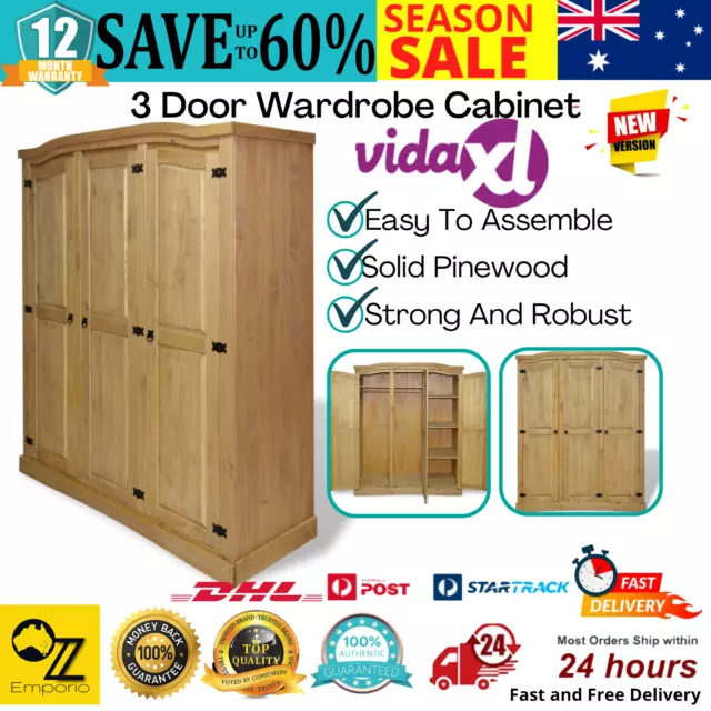 3 Door Wardrobe Cabinet Bedroom Wooden Clothes Storage Organiser Shelves Large