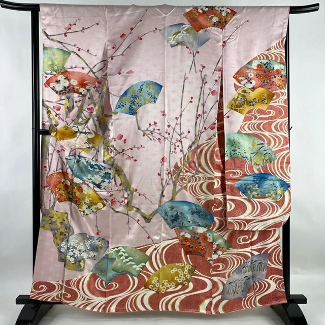 Woman Japanese Kimono Furisode Silk Fan Flower Gold Thread Foil LightPink