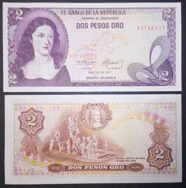 E/19/4, Kolumbien, 2 Pesos Gold, 1976 P-413b, unzirkuliert.