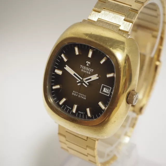 TISSOT SEASTAR WATCH Automatic Brown Dial Date Mens 38mm Vintage Square ...