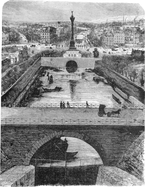 PARIS - LE BASSIN de LA BASTILLE (PORT de l'ARSENAL) - Gravure du 19e siècle