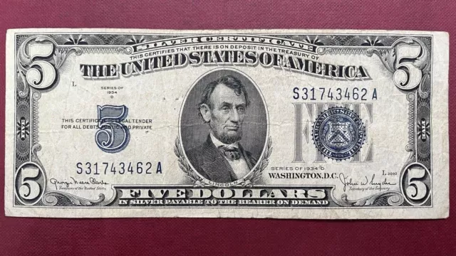 1934 D Five Dollar Silver Certificate $5 Bill Blue Seal Note Circulated #59033