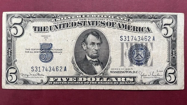 1934 D Five Dollar Silver Certificate $5 Bill Blue Seal Note Circulated #59033