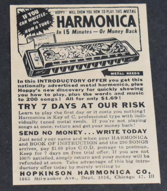 1950 Print Ad Art Play this Harmonica Hopkinson Co Chicago IL Whistle Hum a Tune