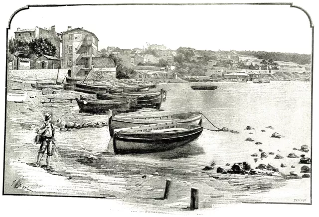 Jolie vue de la plage du MOURILLON à TOULON (Sud de la FRANCE) - Gravure 19eme