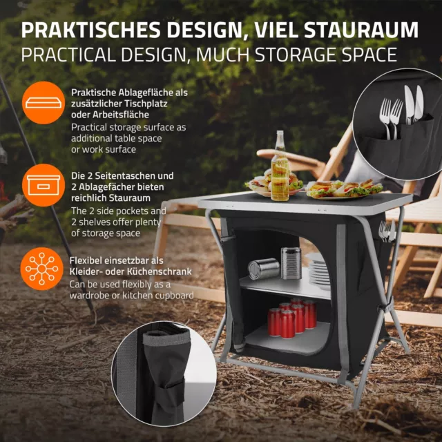 Cocina plegable de camping mesa auxiliar exterior caja con estantes gris-negro 3