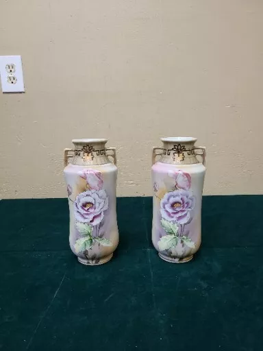 Pair of Vintage Nippon Japan Hand Painted Floral Gold Accent Vases (BFEB-08-048)