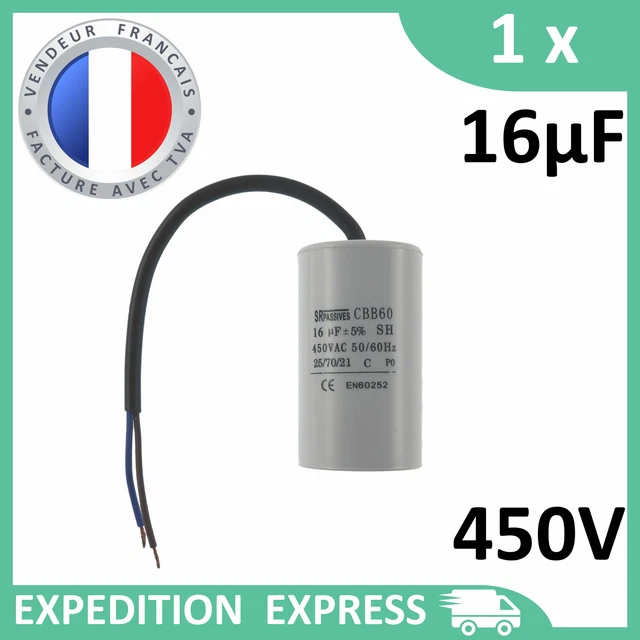 Condensateur moteur 16µF 16uF 450V à fils câble CBB60 démarrage/permanent