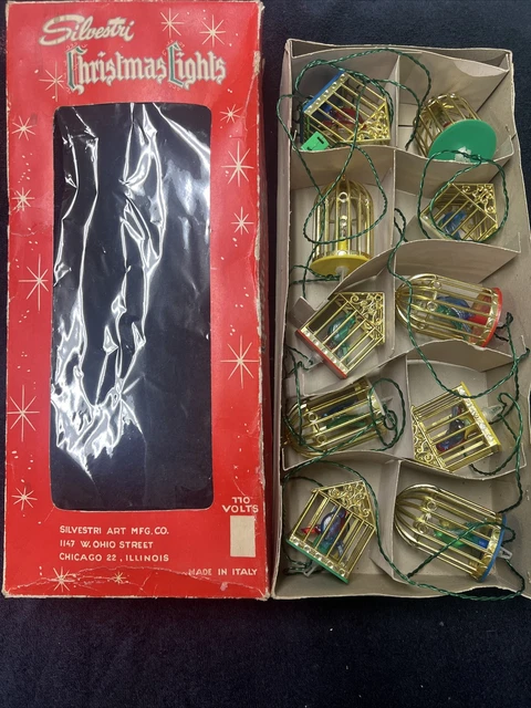 Vtg Silvestri Art 10 Lite Christmas Decoration Bird’s In Cage String Lights.