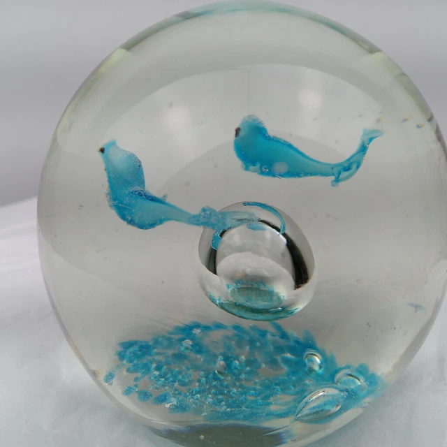 Vintage Blown Art Glass Paperweight 2 Blue Dolphin Ocean Sea Bubbles Glass Ball